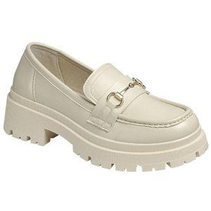 New Bone Beige Chain Platform Chunky Heel Penny Loafers